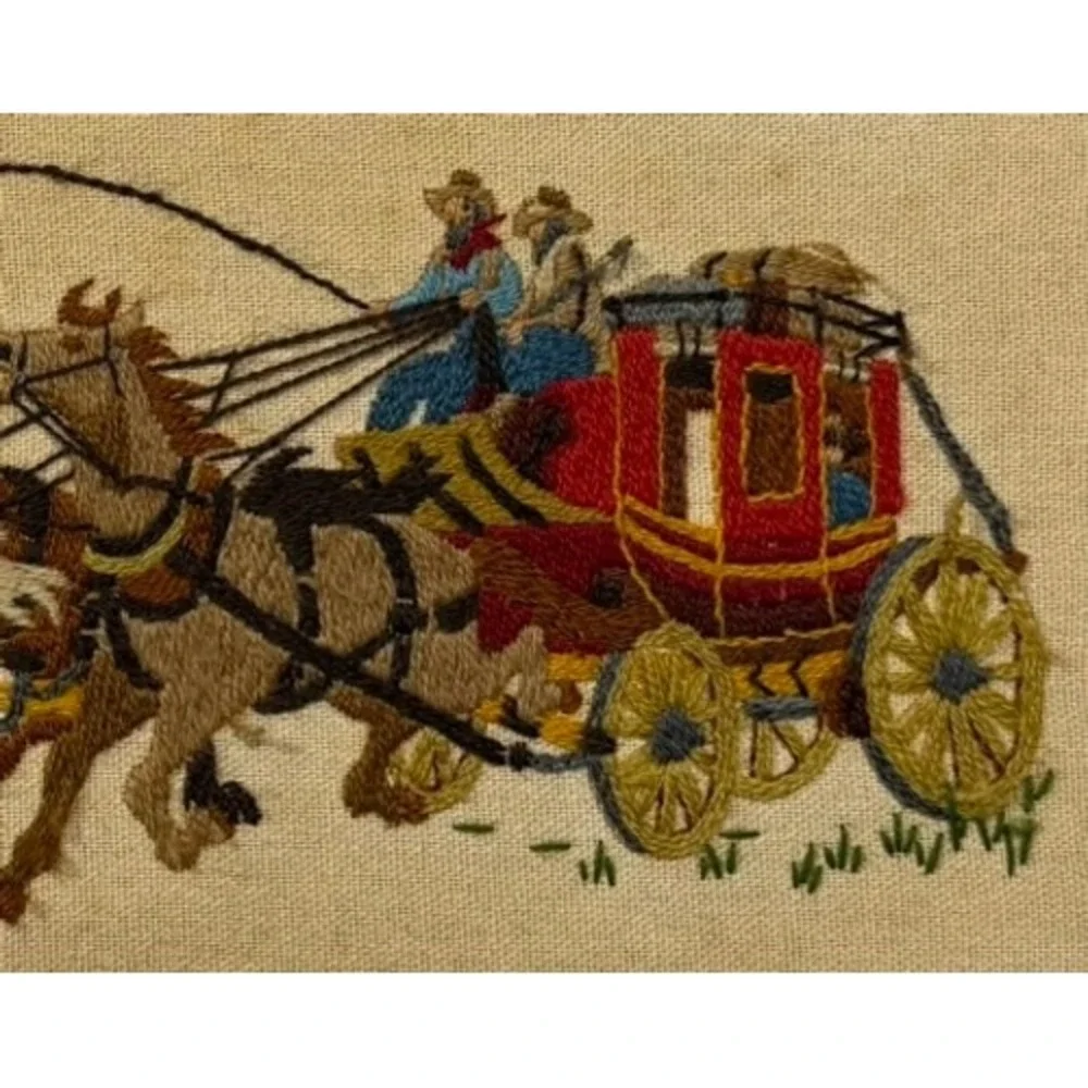 Vintage Western Stagecoach Horse Needlepoint Framed Wall Art 20.5x13 Grumbacher
